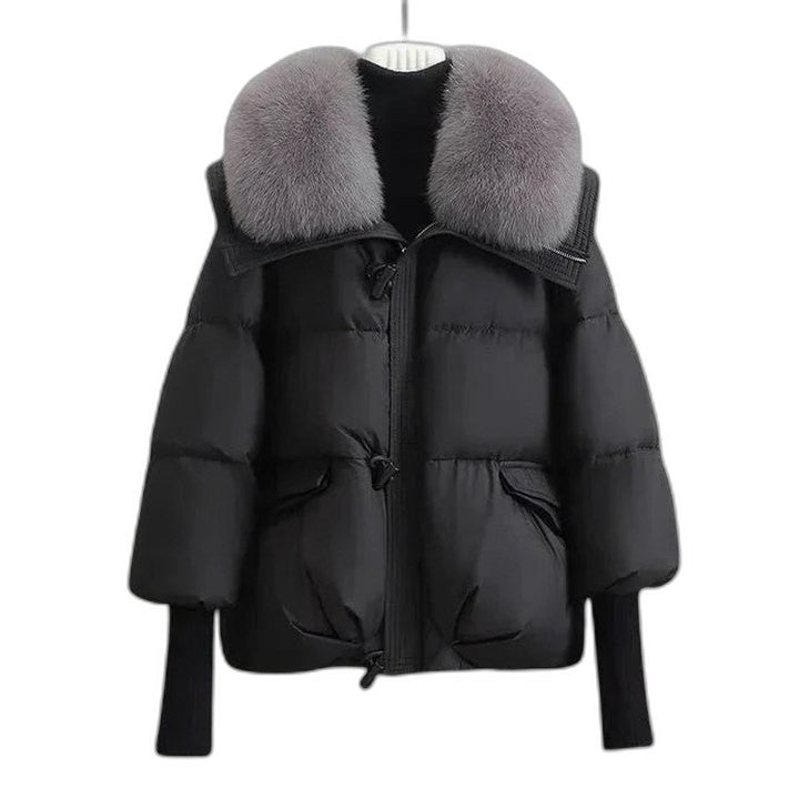 Effortless Puffer Jacket for Women with Collared Long Sleeve Cropped Quilted Fur Lined Casual Style