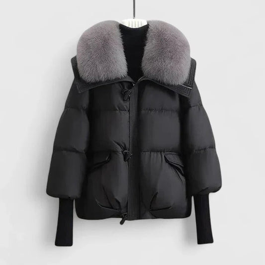 Effortless Puffer Jacket for Women with Collared Long Sleeve Cropped Quilted Fur Lined Casual Style