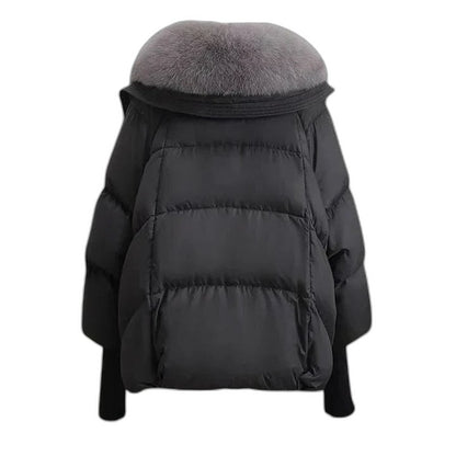 Effortless Puffer Jacket for Women with Collared Long Sleeve Cropped Quilted Fur Lined Casual Style