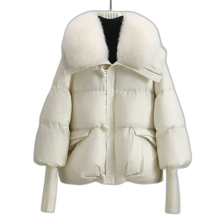 Effortless Puffer Jacket for Women with Collared Long Sleeve Cropped Quilted Fur Lined Casual Style