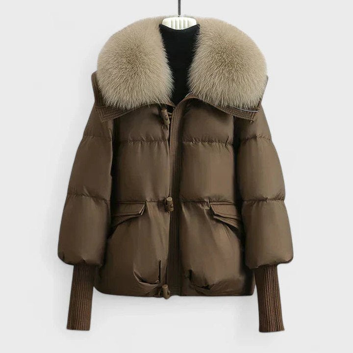 Effortless Puffer Jacket for Women with Collared Long Sleeve Cropped Quilted Fur Lined Casual Style