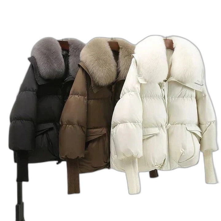 Effortless Puffer Jacket for Women with Collared Long Sleeve Cropped Quilted Fur Lined Casual Style