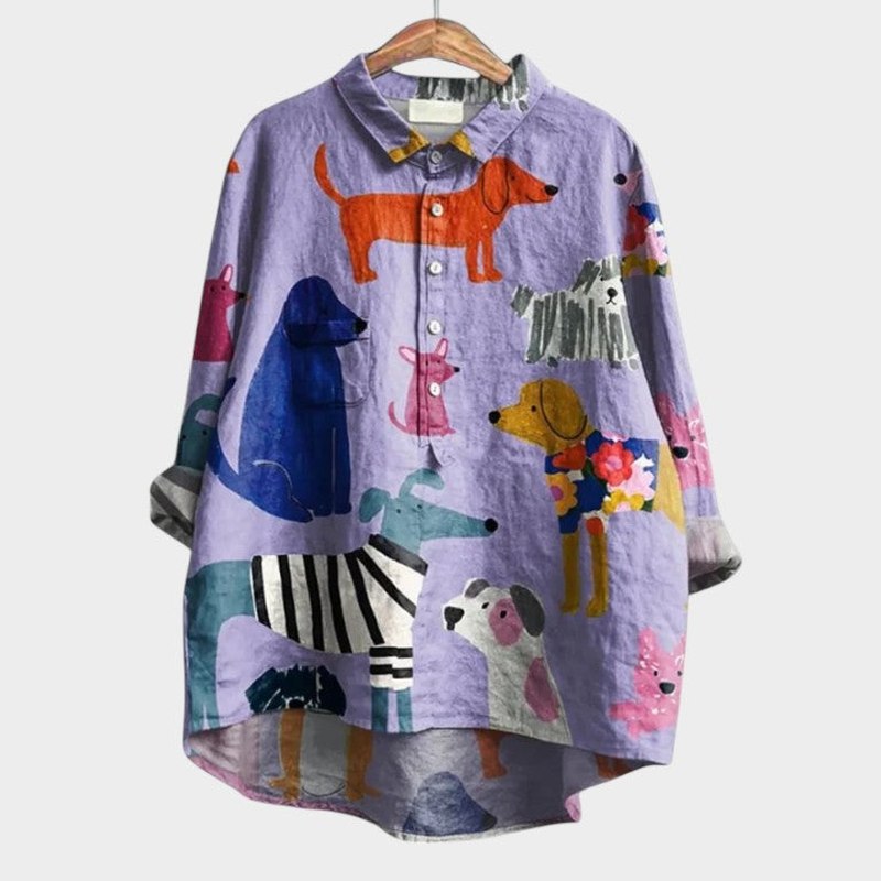 Effortless Purple Abstract Shirt for Women with Collared Long Sleeve Button Front Flowing Oversized Casual Style