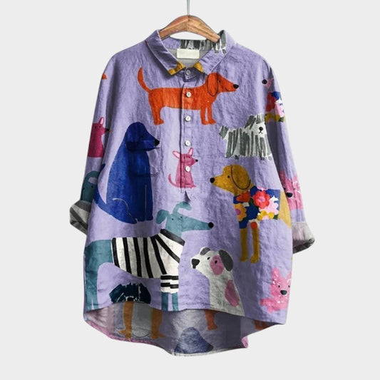 Effortless Purple Abstract Shirt for Women with Collared Long Sleeve Button Front Flowing Oversized Casual Style