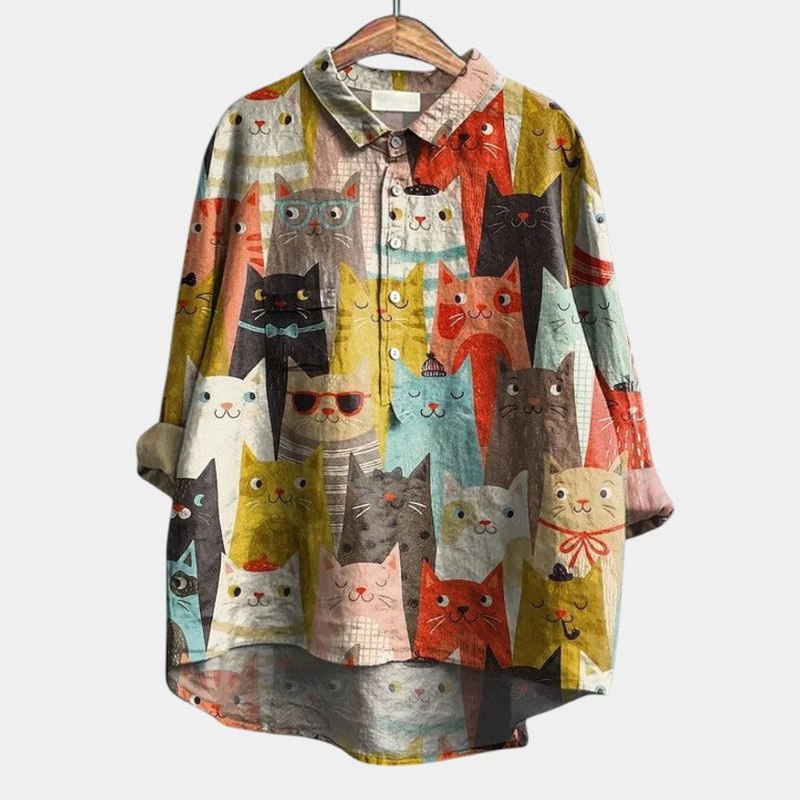 Effortless Purple Abstract Shirt for Women with Collared Long Sleeve Button Front Flowing Oversized Casual Style