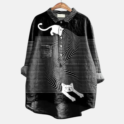 Effortless Purple Abstract Shirt for Women with Collared Long Sleeve Button Front Flowing Oversized Casual Style