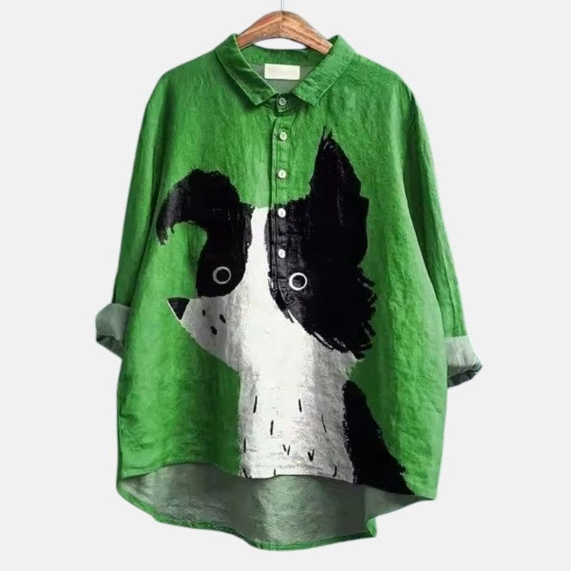Effortless Purple Abstract Shirt for Women with Collared Long Sleeve Button Front Flowing Oversized Casual Style