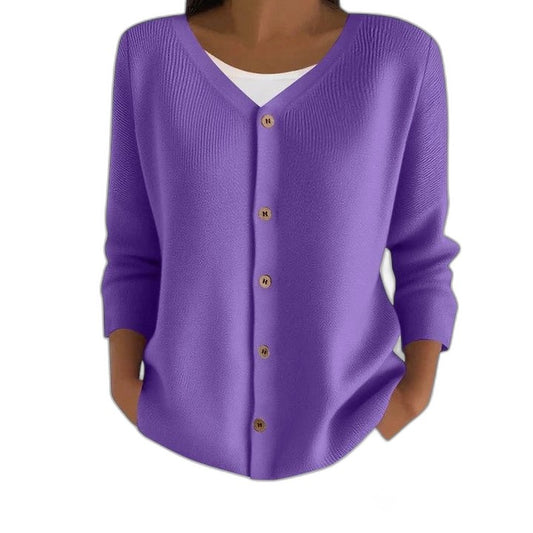 Effortless Purple Knit Cardigan Sweater for Women with V Neck Long Sleeve Button Front Casual Style
