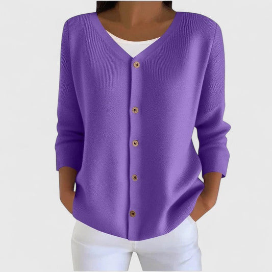 Effortless Purple Knit Cardigan Sweater for Women with V Neck Long Sleeve Button Front Casual Style