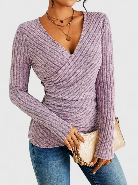 Effortless Purple Knit Sweater for Women with V Neck Long Sleeve Bodycon Wrap Ruched Casual Style