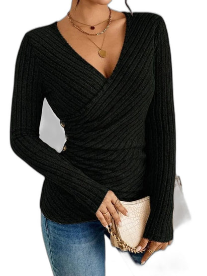 Effortless Purple Knit Sweater for Women with V Neck Long Sleeve Bodycon Wrap Ruched Casual Style