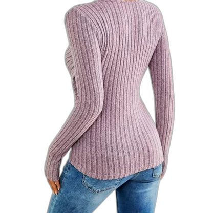 Effortless Purple Knit Sweater for Women with V Neck Long Sleeve Bodycon Wrap Ruched Casual Style