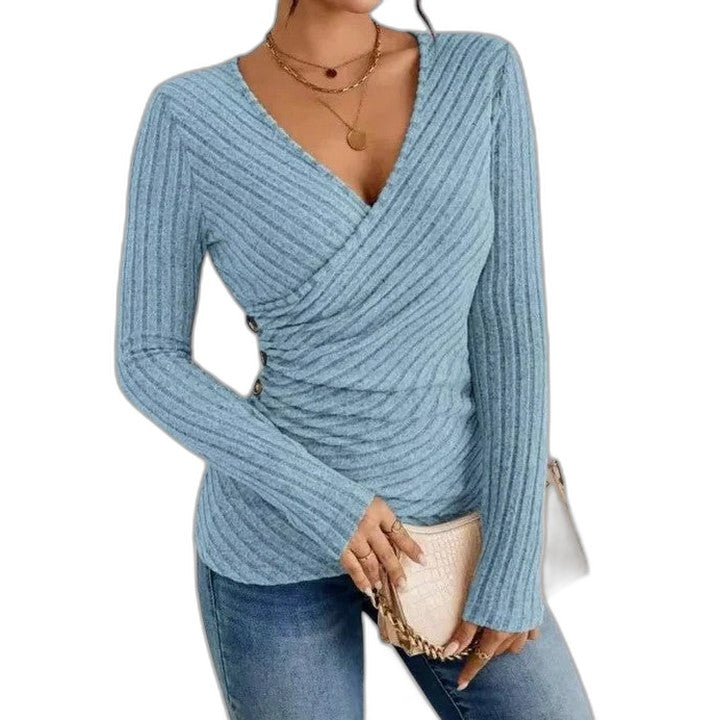 Effortless Purple Knit Sweater for Women with V Neck Long Sleeve Bodycon Wrap Ruched Casual Style