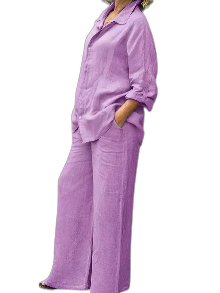 Effortless Purple Linen Two Piece Set for Women with Button Front Wide Leg Casual Style