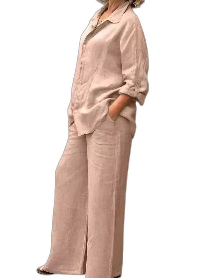 Effortless Purple Linen Two Piece Set for Women with Button Front Wide Leg Casual Style