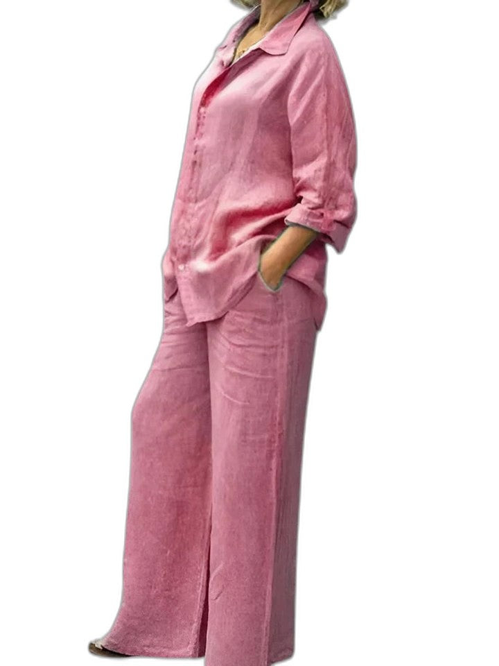 Effortless Purple Linen Two Piece Set for Women with Button Front Wide Leg Casual Style