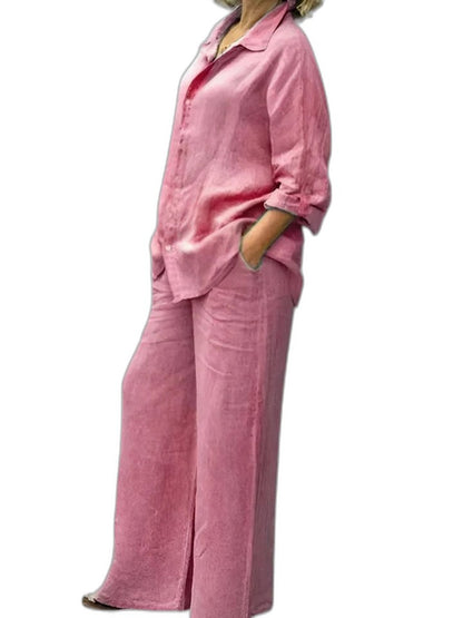 Effortless Purple Linen Two Piece Set for Women with Button Front Wide Leg Casual Style