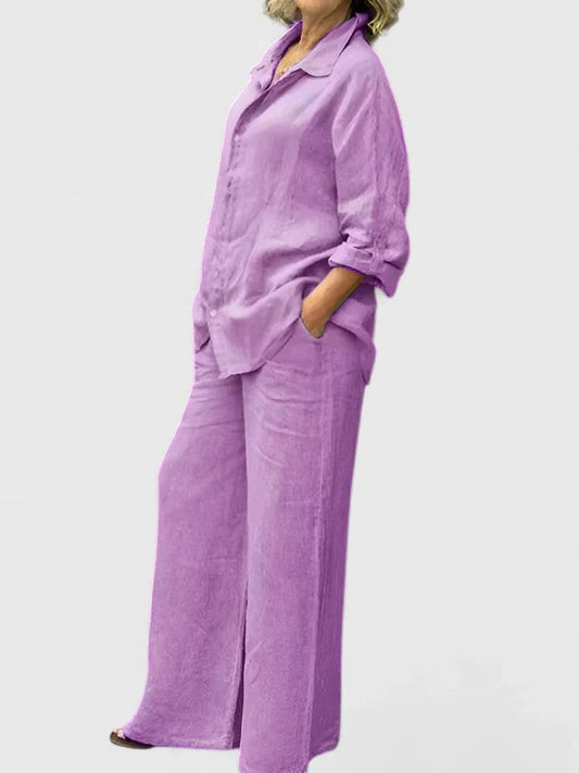 Effortless Purple Linen Two Piece Set for Women with Button Front Wide Leg Casual Style