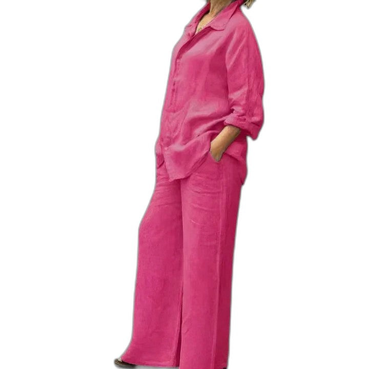 Effortless Purple Linen Two Piece Set for Women with Button Front Wide Leg Casual Style
