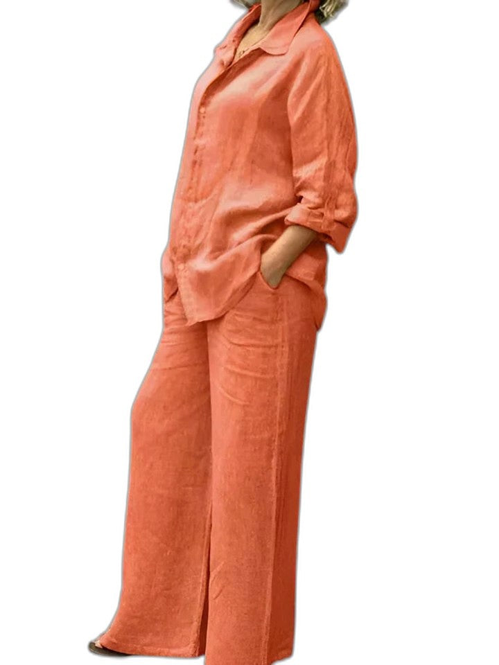 Effortless Purple Linen Two Piece Set for Women with Button Front Wide Leg Casual Style