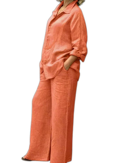 Effortless Purple Linen Two Piece Set for Women with Button Front Wide Leg Casual Style