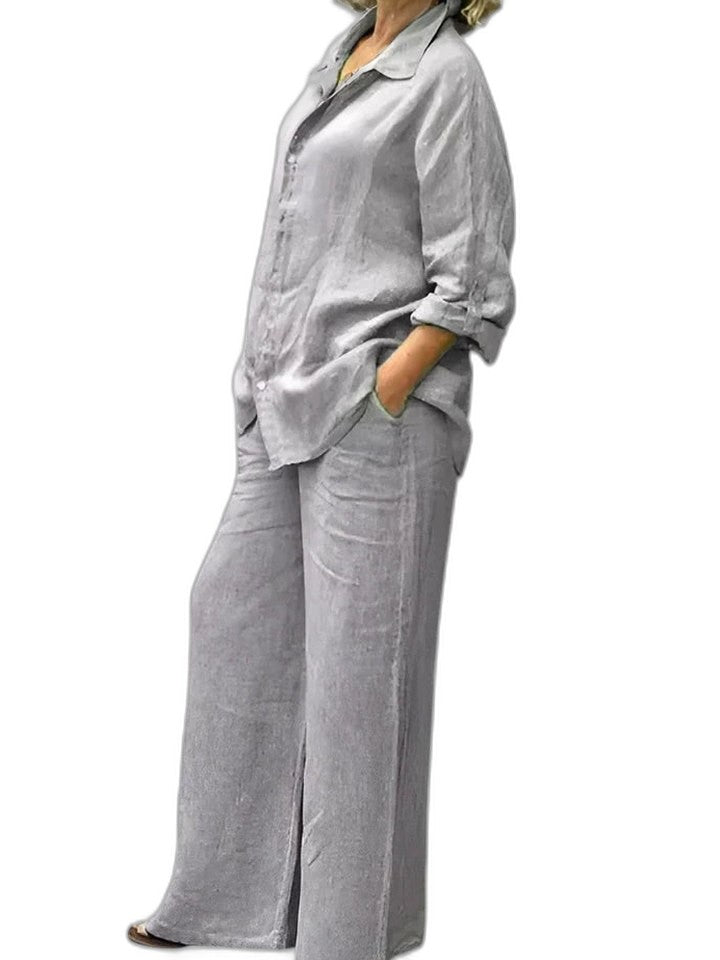 Effortless Purple Linen Two Piece Set for Women with Button Front Wide Leg Casual Style