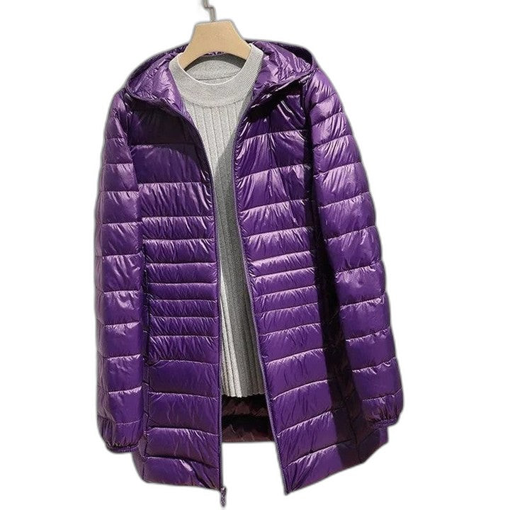 Effortless Purple Puffer Jacket for Women with High Neck Long Sleeve Quilted Casual Style