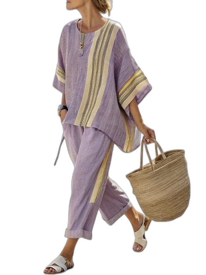 Effortless Purple Striped Two Piece Set for Women with Oversized Casual Style