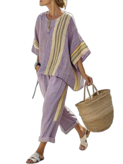 Effortless Purple Striped Two Piece Set for Women with Oversized Casual Style
