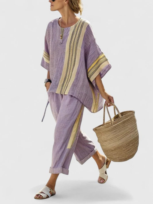 Effortless Purple Striped Two Piece Set for Women with Oversized Casual Style