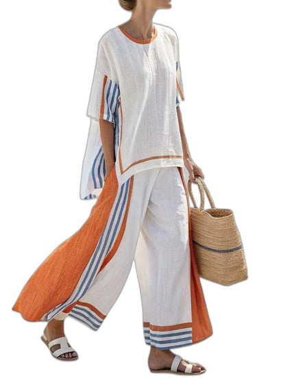 Effortless Purple Striped Two Piece Set for Women with Oversized Casual Style