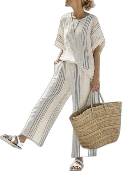 Effortless Purple Striped Two Piece Set for Women with Oversized Casual Style