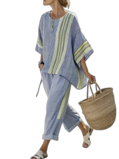 Effortless Purple Striped Two Piece Set for Women with Oversized Casual Style