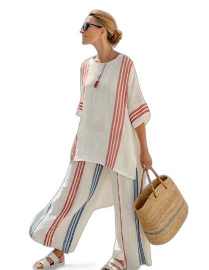 Effortless Purple Striped Two Piece Set for Women with Oversized Casual Style