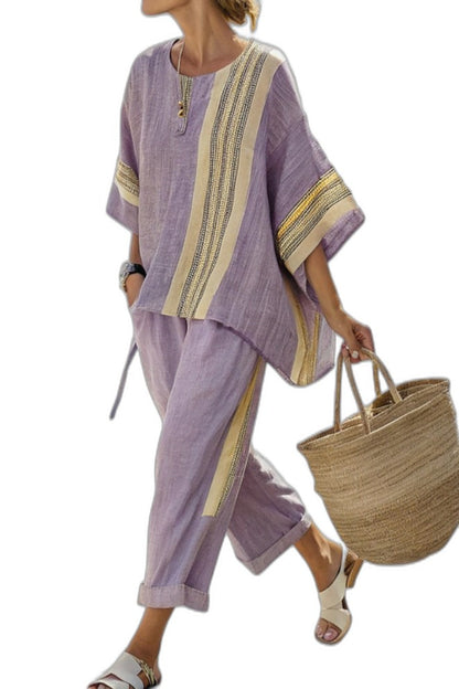 Effortless Purple Striped Two Piece Set for Women with Wide Leg Oversized Casual Style