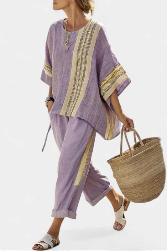 Effortless Purple Striped Two Piece Set for Women with Wide Leg Oversized Casual Style