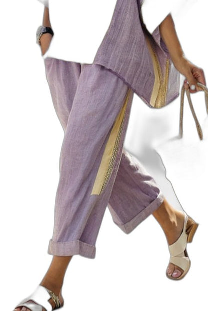 Effortless Purple Striped Two Piece Set for Women with Wide Leg Oversized Casual Style