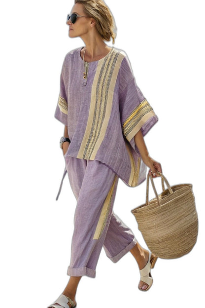 Effortless Purple Striped Two Piece Set for Women with Wide Leg Oversized Casual Style
