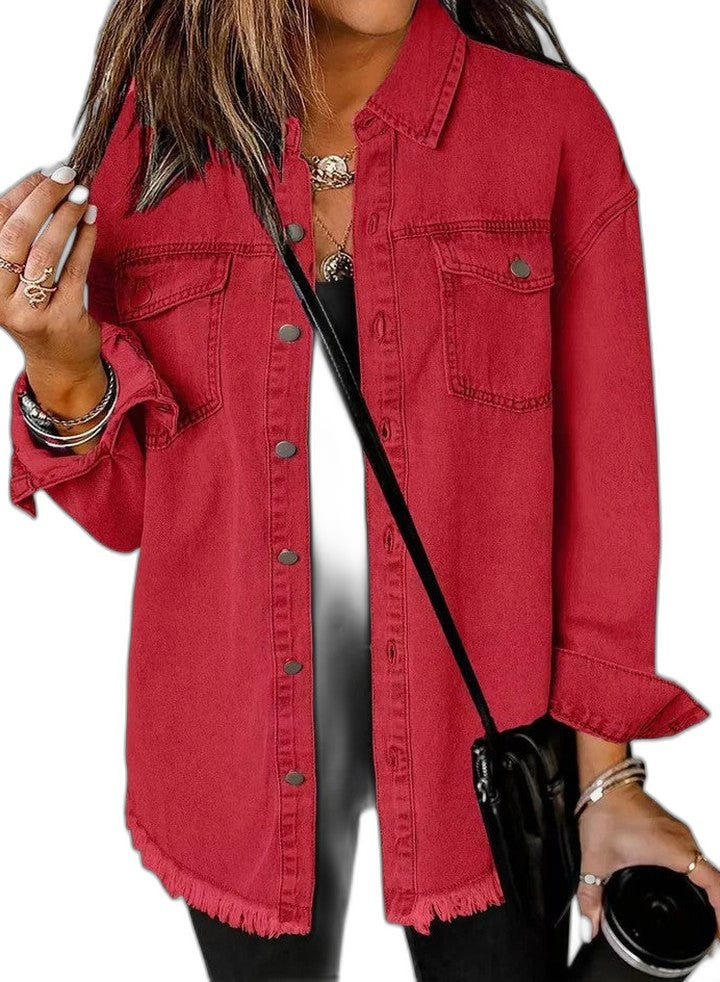 Effortless Red Denim Jacket for Women with Collared Long Sleeve Button Front Oversized Pockets Casual Style