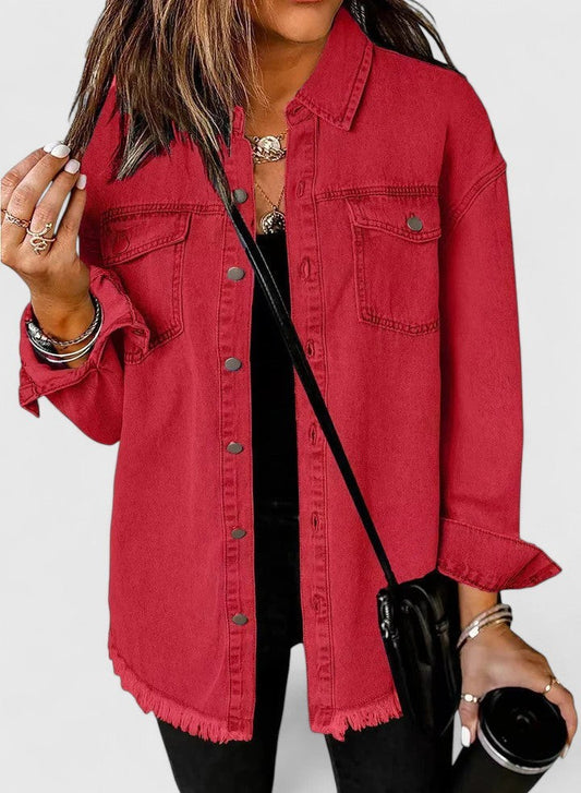 Effortless Red Denim Jacket for Women with Collared Long Sleeve Button Front Oversized Pockets Casual Style