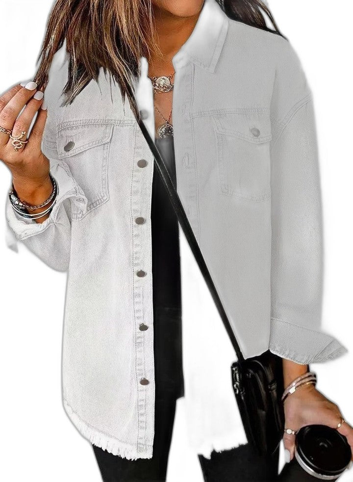 Effortless Red Denim Jacket for Women with Collared Long Sleeve Button Front Oversized Pockets Casual Style