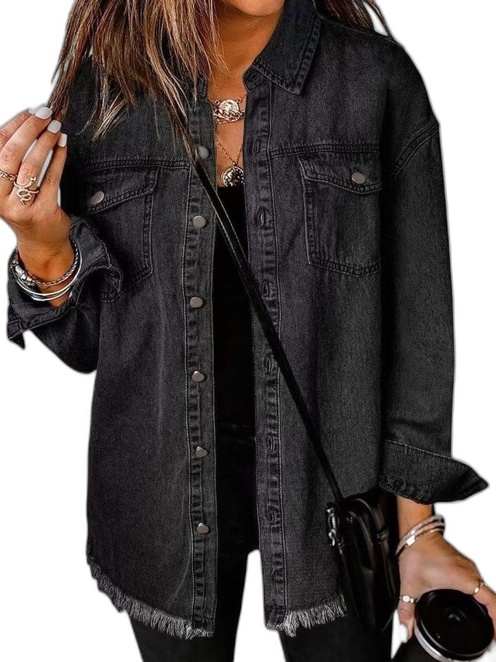 Effortless Red Denim Jacket for Women with Collared Long Sleeve Button Front Oversized Pockets Casual Style