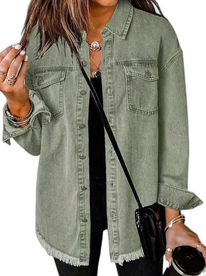 Effortless Red Denim Jacket for Women with Collared Long Sleeve Button Front Oversized Pockets Casual Style