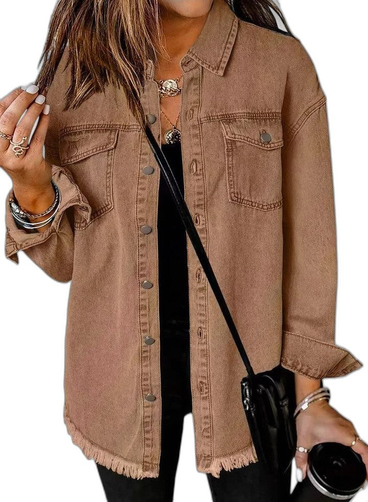 Effortless Red Denim Jacket for Women with Collared Long Sleeve Button Front Oversized Pockets Casual Style