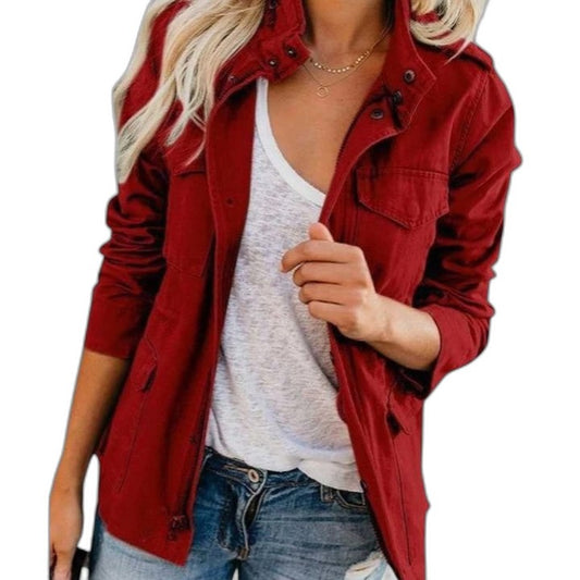 Effortless Red Jacket for Women with Collared Long Sleeve Button Front Pockets Casual Style