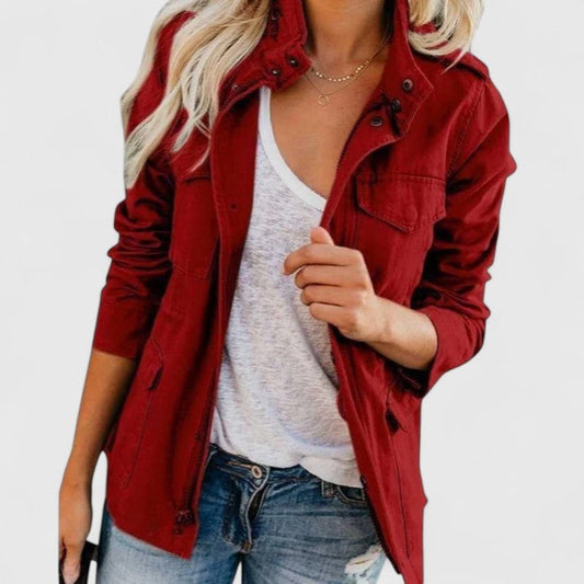 Effortless Red Jacket for Women with Collared Long Sleeve Button Front Pockets Casual Style