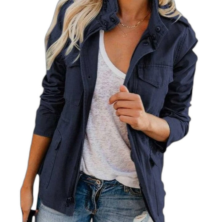 Effortless Red Jacket for Women with Collared Long Sleeve Button Front Pockets Casual Style