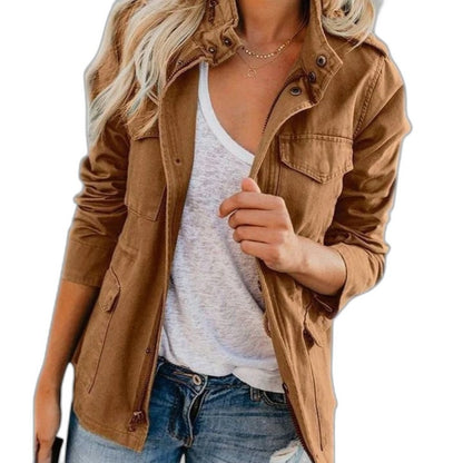 Effortless Red Jacket for Women with Collared Long Sleeve Button Front Pockets Casual Style