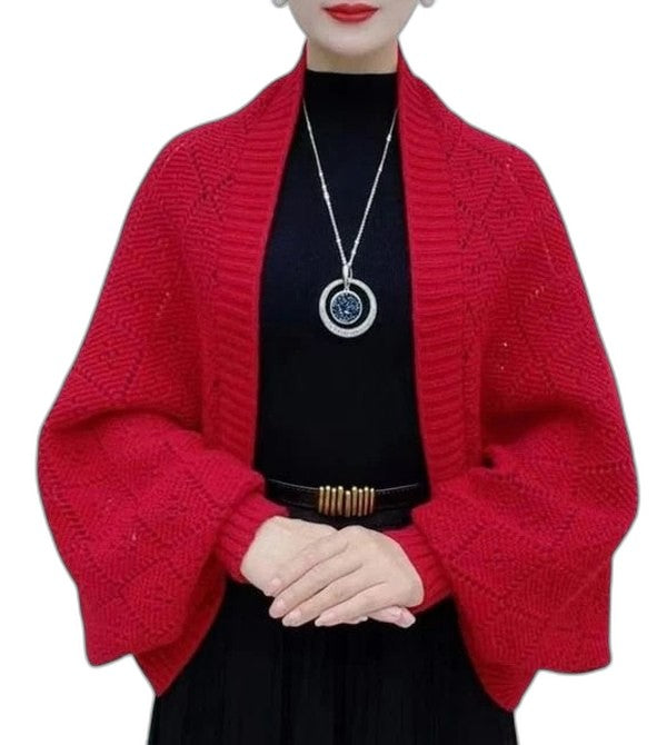 Effortless Red Knit Cardigan Sweater for Women with Long Sleeve Cropped Oversized Casual Style