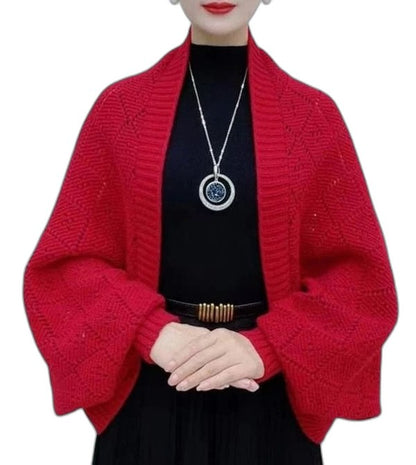 Effortless Red Knit Cardigan Sweater for Women with Long Sleeve Cropped Oversized Casual Style